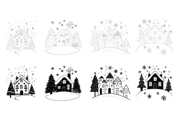 Crafting a Cozy Christmas House and Tree Digital Illustration Set